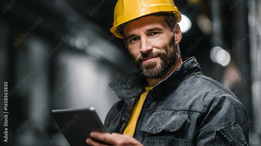 Poster factory supervisor using tablet to inspect production line