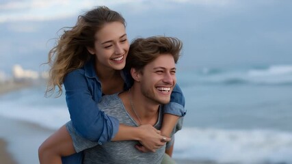 Fun Piggyback Ride at the Ocean with Laughter and Joyful Expressions