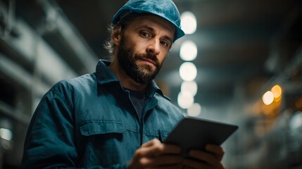 Factory supervisor using tablet to inspect production line