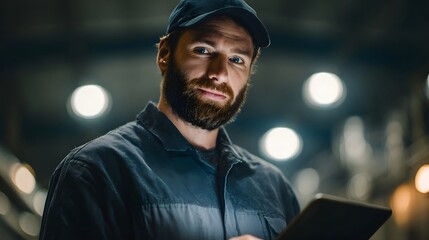 Factory supervisor using tablet to inspect production line