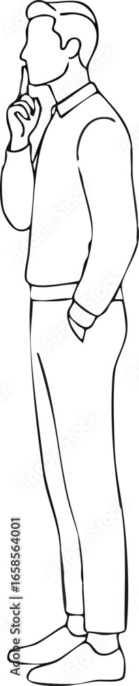 Poster man standing thinking gesture minimal outline vector illustration simple design