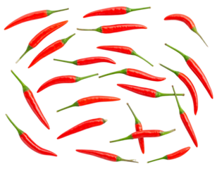 Spicy Red Chile Peppers with Stems, Seamless Top-Down Pattern, Isolated on Transparent Background.