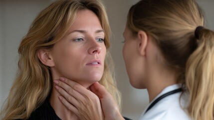 Fototapeta premium Close-up interaction between two women in a medical consultation setting during daylight hours