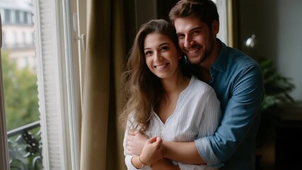 Joyful couple embracing by a large window with natural light - Powered by Adobe