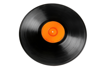 Close-up of a black vinyl record with an orange center label