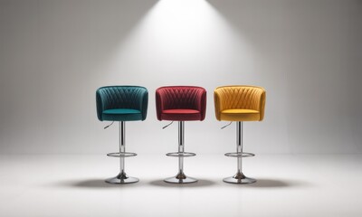 Fototapeta premium Three colorful velvet swivel bar stools with chrome bases stand under a spotlight