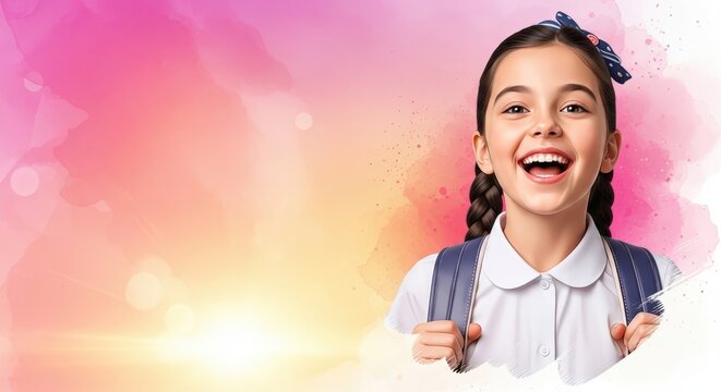Happy schoolgirl with backpack on colorful background. Ai generation - Powered by Adobe