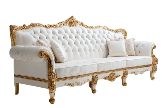 Ornate white tufted sofa with gilded carved wood frame isolated on transparent background