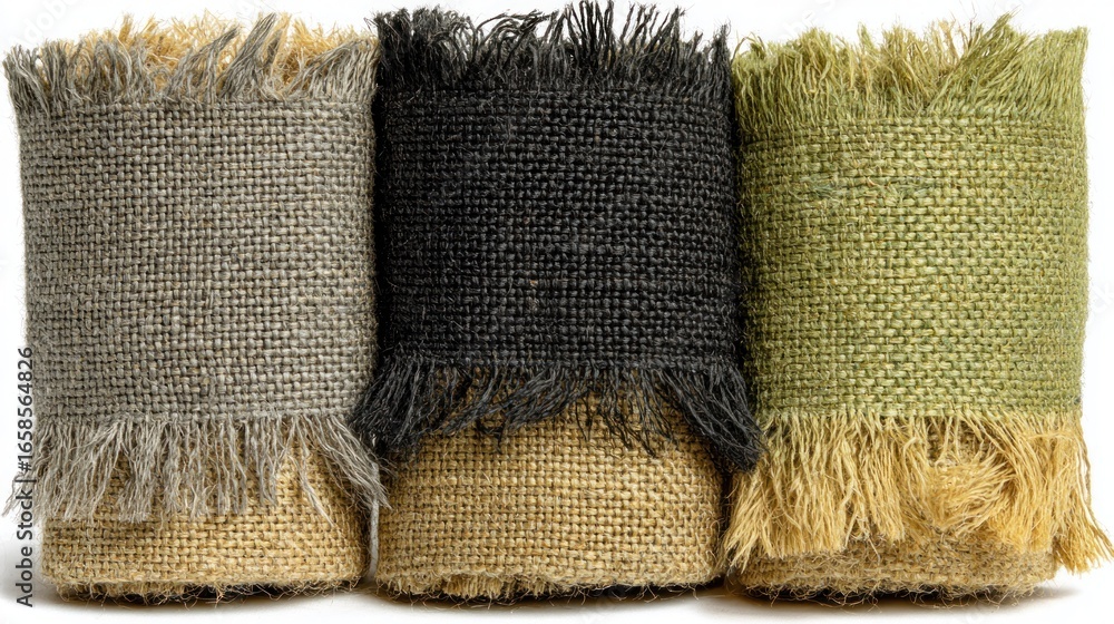 Poster three burlap-wrapped objects with fringe, side by side
