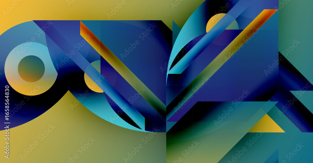 Poster abstract geometric composition. vivid blues, yellows dominate. shapes intersect, creating dynamic vi