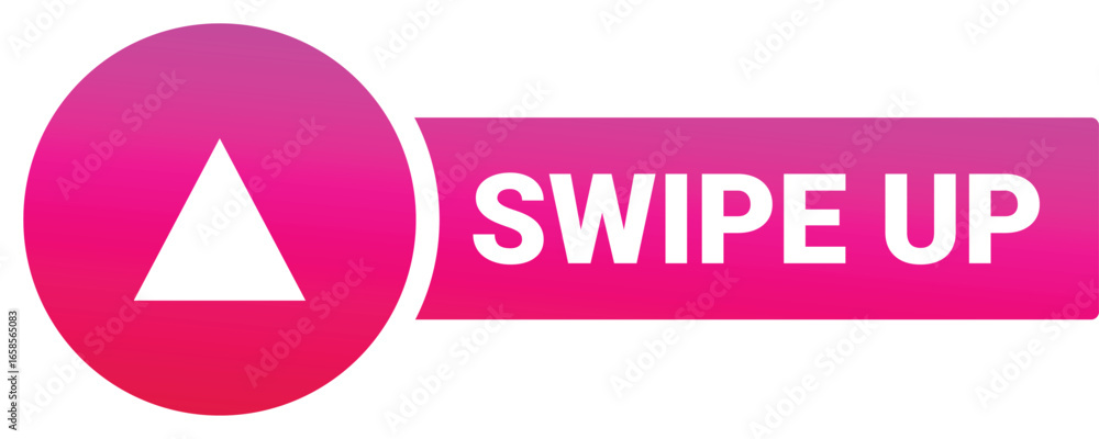 Poster swipe up button with a white triangle pointing upwards over a gradient pink circle and a pink horizo