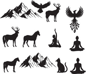 Fototapeta premium A collection of wild animal silhouettes, including horses, deer, eagle, mountain, yoga, tree, cat, and elephants, in black vector illustrations