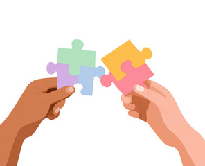 Two hands, light-skinned and dark-skinned, hold jigsaw puzzle pieces.  The pieces, pastel colors, are fitting together
