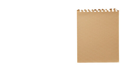 A pristine, blank sheet of aged, light brown textured kraft paper with a torn spiral binding on white background, off-center for copy space. Concept of natural authenticity and a fresh start