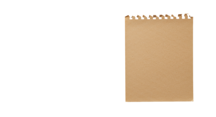 A pristine, blank sheet of aged, light brown textured kraft paper with a torn spiral binding on white background, off-center for copy space. Concept of natural authenticity and a fresh start