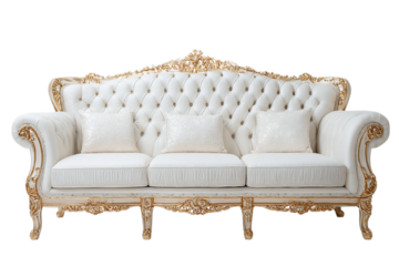 White ornate carved gilded wood frame sofa isolated on transparent background