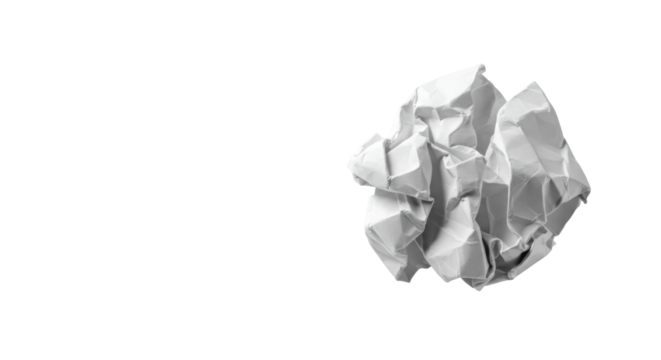 A dramatically crumpled transparent sheet of paper on a transparent minimalist surface with soft overhead lighting and subtle shadows, significant negative space. Concept of creative problem-solving