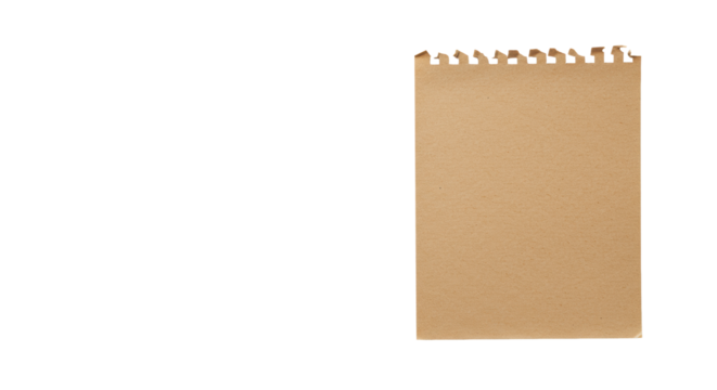 A pristine, blank sheet of aged, light brown textured kraft paper with a torn spiral binding on white background, off-center for copy space. Concept of natural authenticity and a fresh start