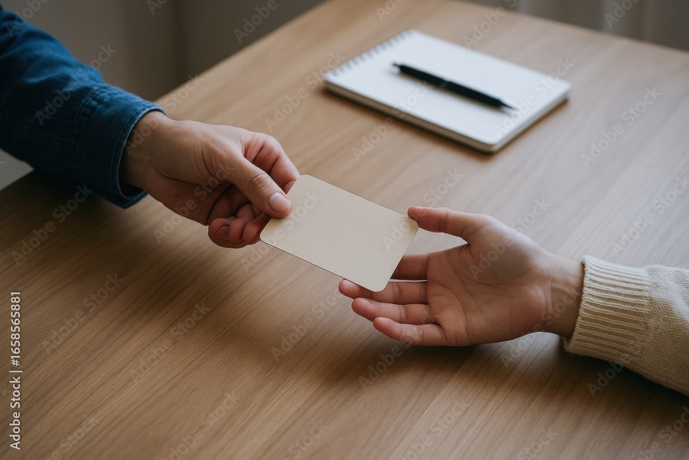 Poster a pair of hands exchanging a blank card over a wooden table, with a notepad and pen in the backgroun