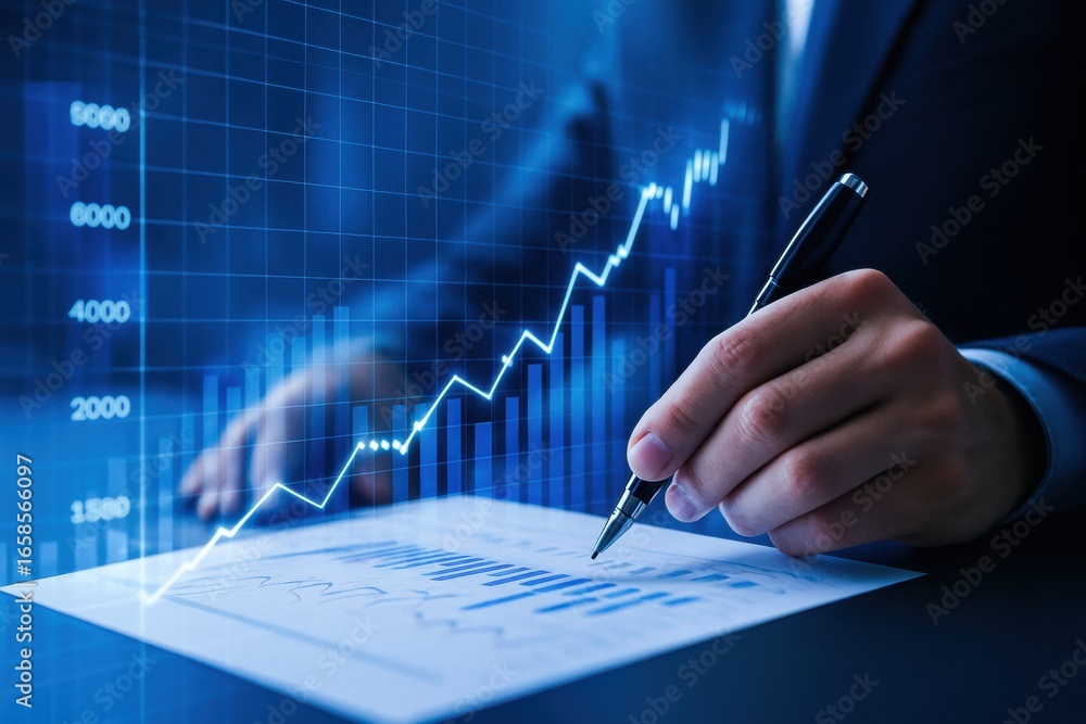 Poster a professional analyzing financial data with a pen, showcasing a rising graph on a screen in a moder