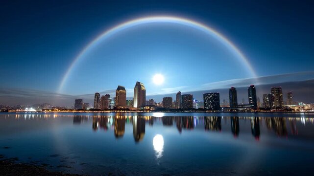 Lunar Rainbow Above Urban Cityscape