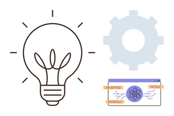 Light bulb symbolizes ideas, gear represents mechanisms, while coding screen with atom suggests tech advancements. Ideal for innovation, creativity, science, development, coding, teamwork simple