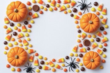 A festive arrangement of orange pumpkins and colorful candies creates a vibrant Halloween-themed display, with playful spider accents.