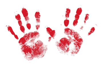 Two red handprints, overlapping, on a black background.  A slightly mottled, textured effect, like ink