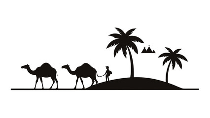 Black Silhouette Desert Caravan Camels Palm Trees Vector