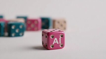 A close-up of a pink dice featuring "AI," surrounded by more colorful dice, symbolizing technology and chance.