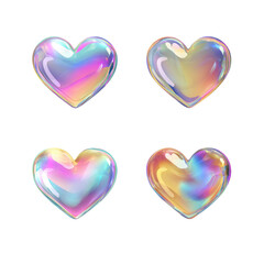 Four iridescent hearts, each with a holographic, bubble-like,  multicolored effect