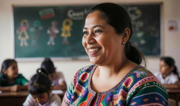 Maestra en un aula sonriendo con entusiasmo mostrando pasi&oacute;n por ense&ntilde;ar y conectar con sus estudiantes d&iacute;a a d&iacute;a