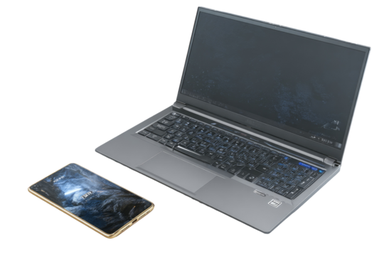 Gray laptop and gold smartphone