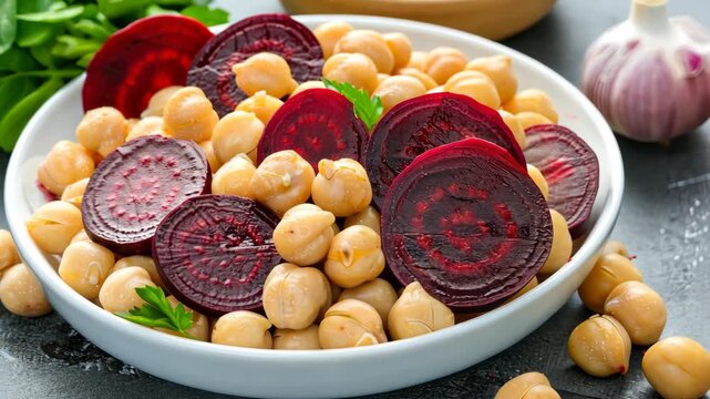 Brightly colored salad combines beets and chickpeas garnished with herbs and garlic for a healthy and flavorful dish
