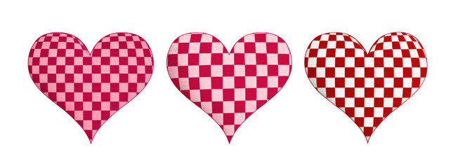Three hearts, each with a checkered pattern in shades of pink and red