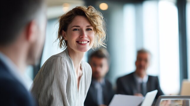 A smiling woman in a business meeting looks at the camera with confidence and charm
