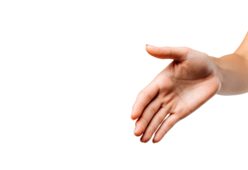 A light-skinned hand outstretched in a handshake gesture against a black background.  The hand is presented in a neutral, open position, ready to connect
