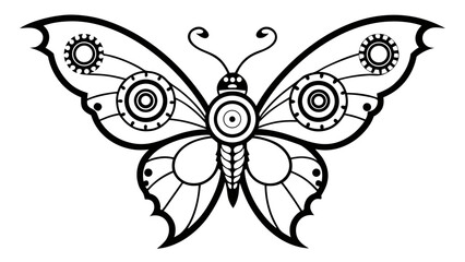 Steampunk Butterfly Line Art Black Gear Design black and white