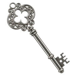 Antique ornate silver skeleton key with intricate filigree design transparent background