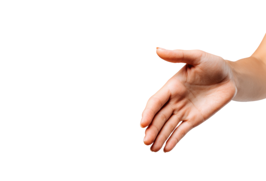 A light-skinned hand outstretched in a handshake gesture against a black background.  The hand is presented in a neutral, open position, ready to connect