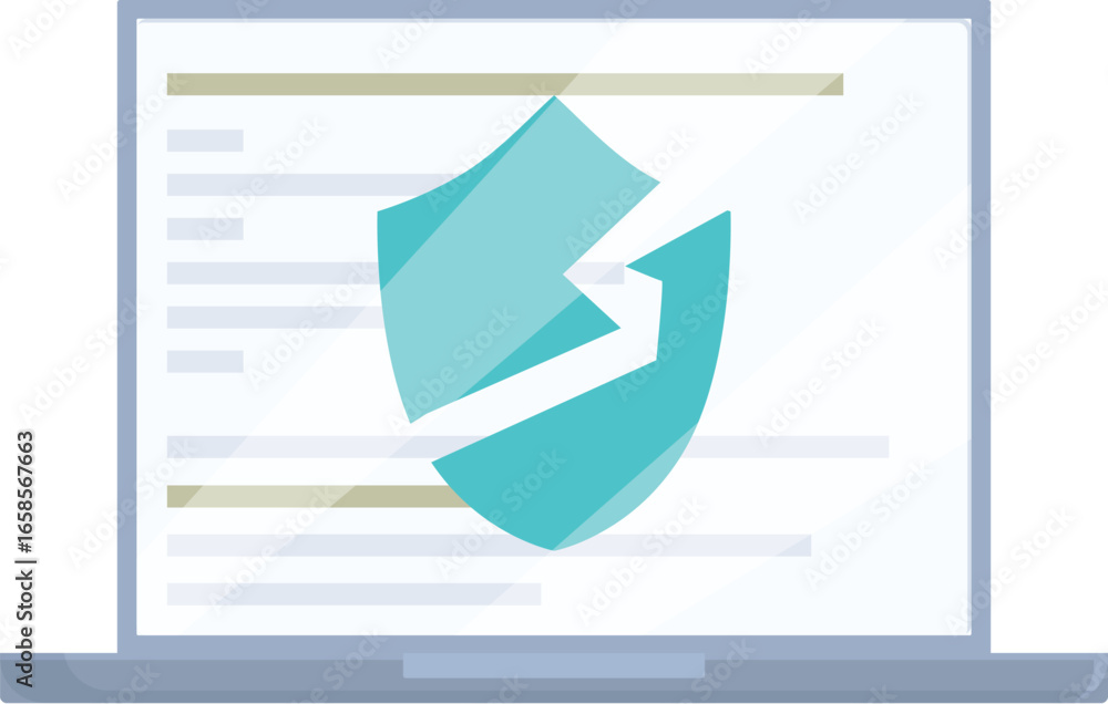 Poster cracked shield overlaying computer code on a laptop screen, representing a vulnerability or security