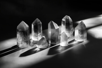 Crystal-clear quartz points photographed with dramatic shadows, clean monochrome background.