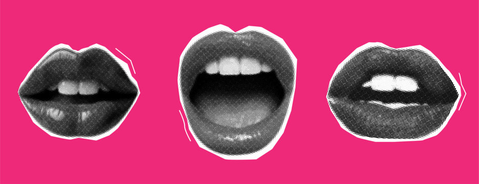 Woman lips with retro halftone texture for collage design,for mixed media design,female mouth in halftone style