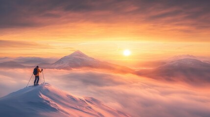 Fototapeta premium Adventurous climber conquering snow-capped summit at sunrise majestic landscape nature photography inspiring view
