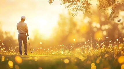 Golfer swinging at sunset golf course outdoor scene tranquil environment side view serene moment