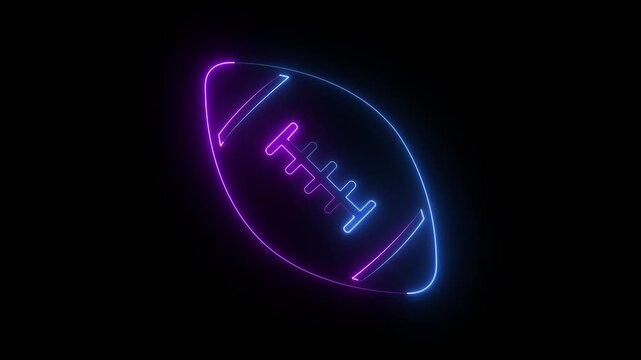 Glowing neon American Football icon on black background. Rugby ball icon. Team sport game symbol. neon outline of an American football, often used for decorative purposes. 4k motion video.