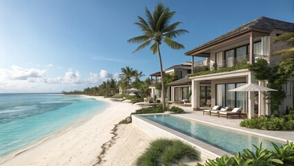 Fototapeta premium Luxurious beachfront villa with infinity pool overlooking the turquoise ocean