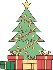 Fototapeta premium Vector art of christmas tree with gifts isolated on white background, festive decoration
