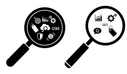 Vector art of magnifying glasses showing seo and business analysis icons