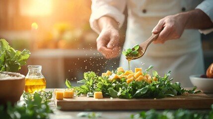 Preparing a fresh salad with herbs and cheese at home culinary arts kitchen close-up healthy eating